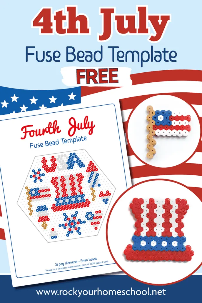 mock-up of 4th of July perler bead craft patterns and 2 examples featuring flag and Uncle Sam hat