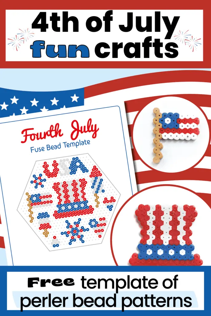mock-up of 4th of July perler bead patterns and 2 examples featuring flag and Uncle Sam hat