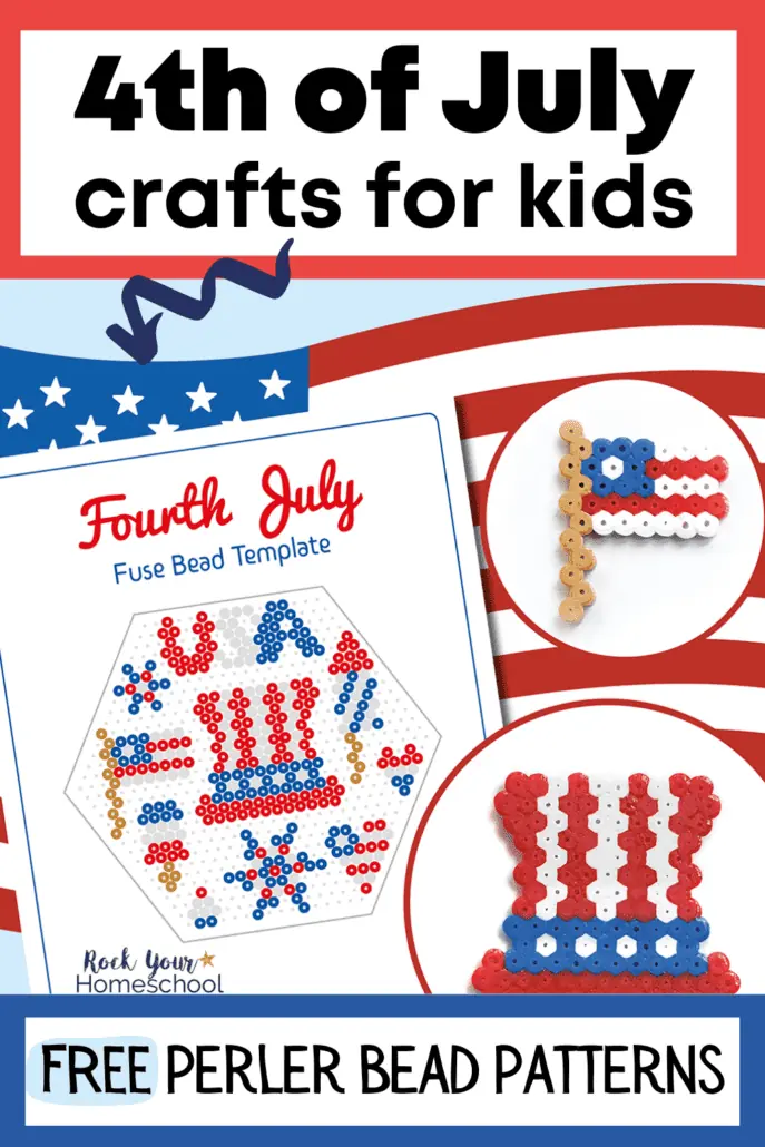 Mock-up of 4th of July perler bead crafts template and 2 examples featuring flag and Uncle Sam hat