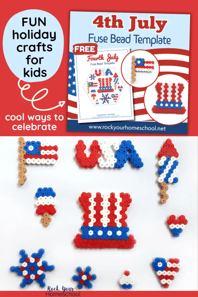 mock-up of 4th of July perler bead patterns and 10 examples of patriotic symbols on this free printable template