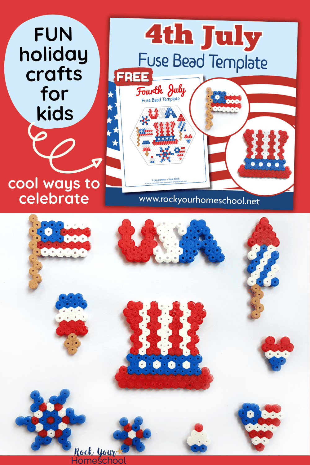mock-up of 4th of July perler bead patterns and 10 examples of patriotic symbols on this free printable template