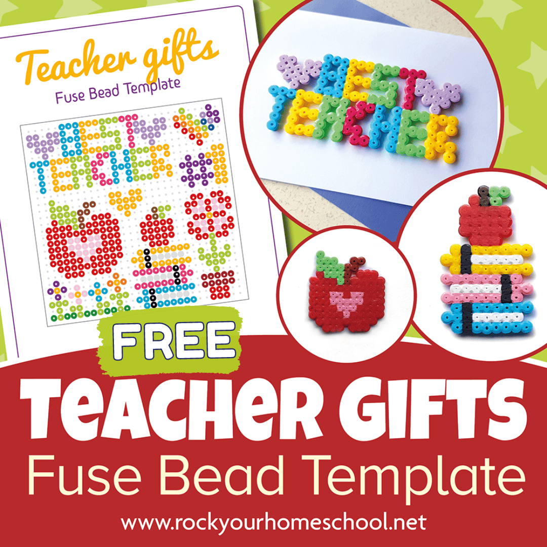 Free printable page of DIY teacher appreciation gifts using perler beads and 3 examples of Best Teacher with hearts, apple with heart center, and apple on stack of books.