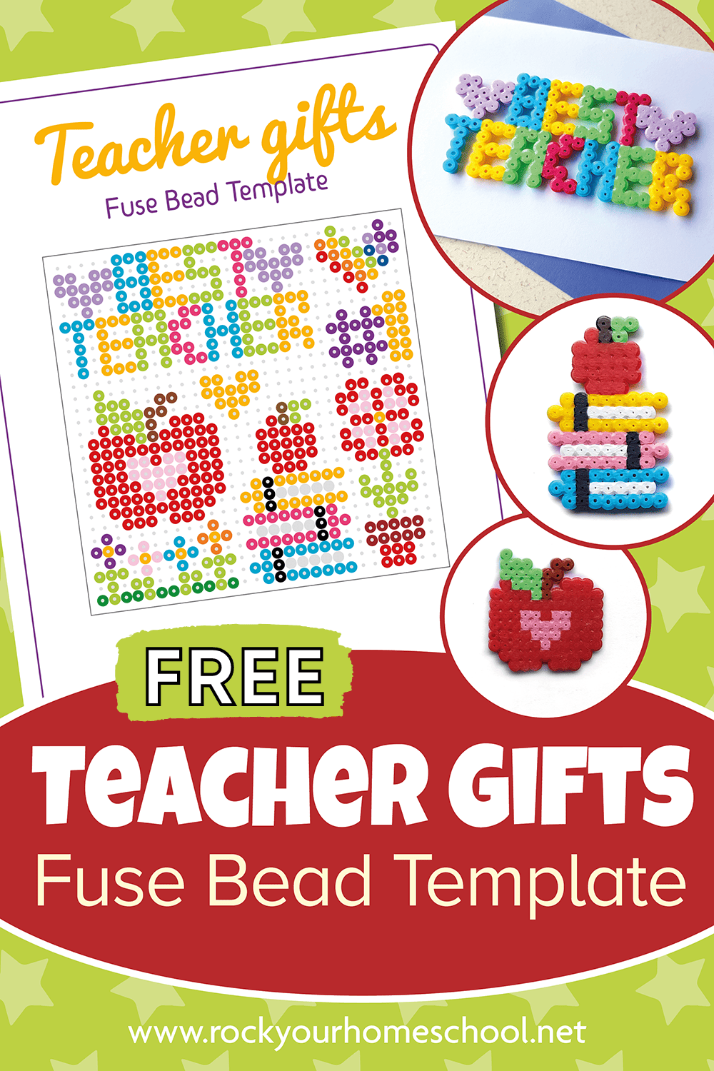 mock-up of free printable DIY teacher appreciation gifts featuring perler bead crafts.