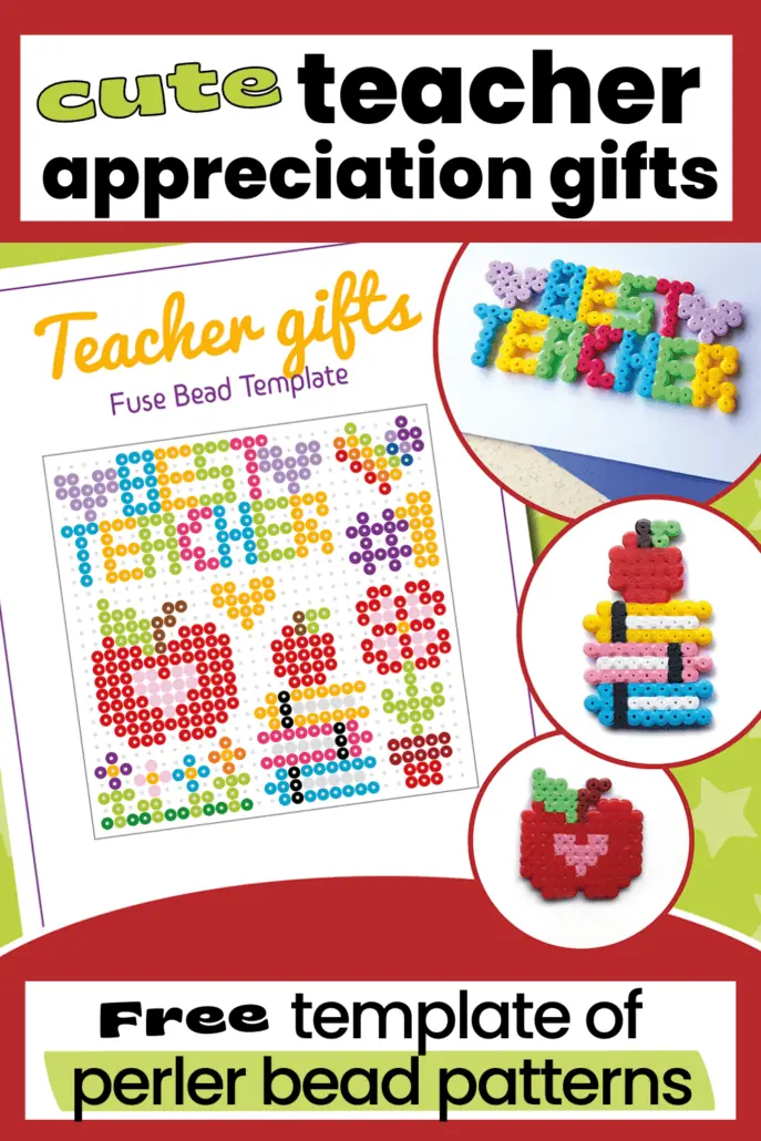 DIY teacher appreciation gifts featuring 8 perler bead patterns and Best Teacher, apple on stack of books, and apple with heart center
