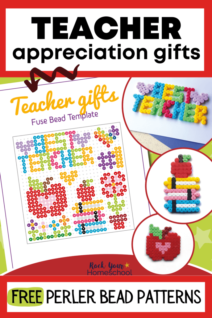 free printable page of DIY teacher appreciation gifts featuring perler bead crafts with Best Teacher, apple on stack of books, and apple with pink heart center