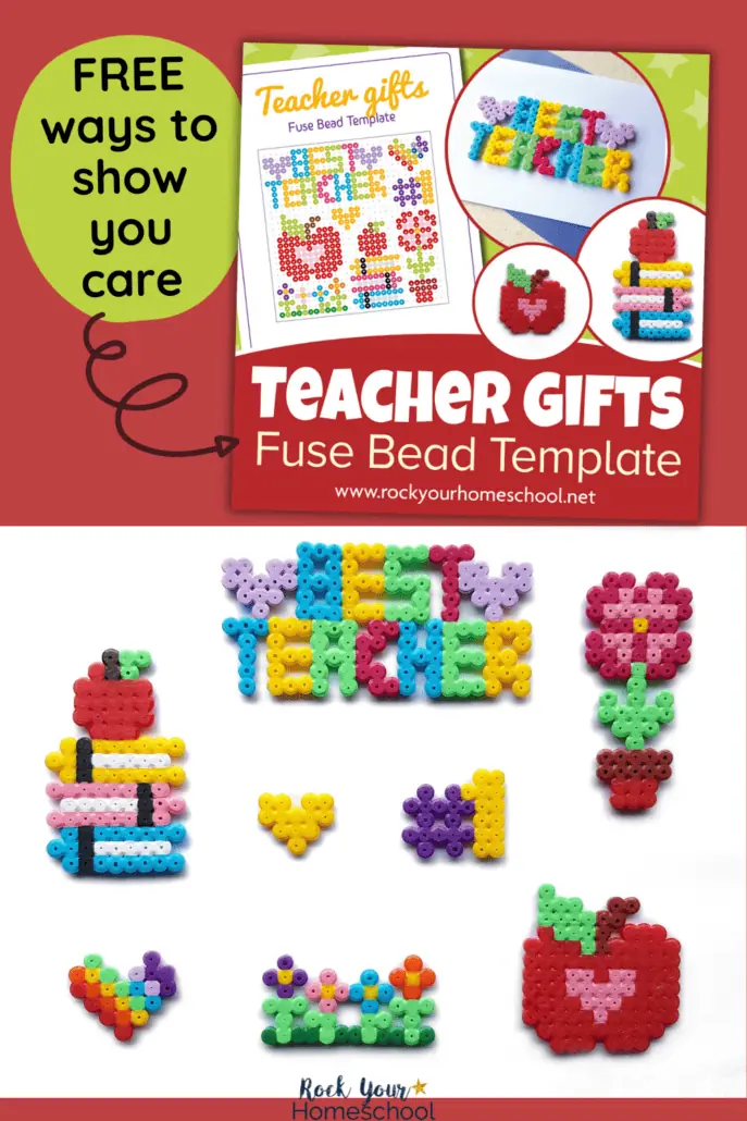 mock-up of DIY teacher appreciation gifts using perler bead crafts and 8 examples with Best Teacher, apple on stack of books, yellow heart, #1, flower in pot, rainbow heart, flowers on grass, and apple with heart center