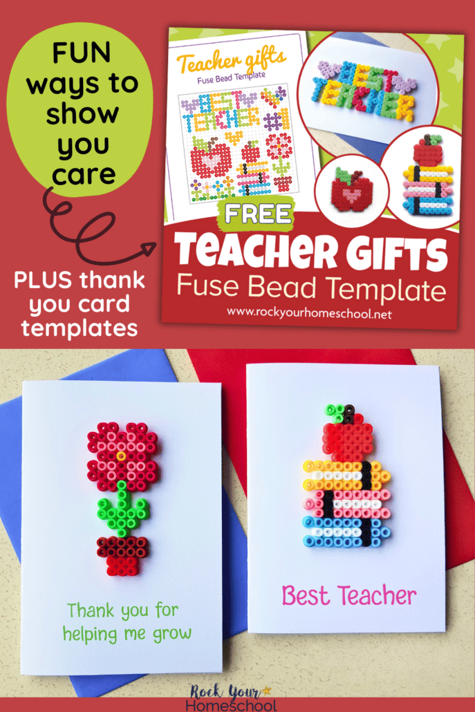 example of DIY teacher appreciation gifts using perler bead crafts with Best Teacher and purple hearts, apple with heart center, and apple on stack of books plus 2 printable thank you card examples