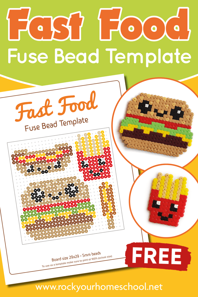 mock-up of fast food fuse bead template with 2 examples of fast food perler bead crafts of burger and fries