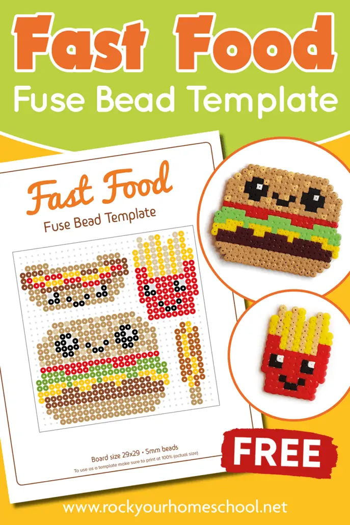 mock-up of fast food fuse bead template with 2 examples of fast food perler bead crafts of burger and fries