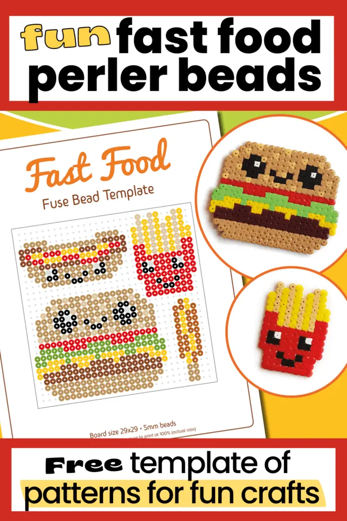 fast food fuse bead template mock-up and 2 examples of fast food perler beads crafts of burger and fries