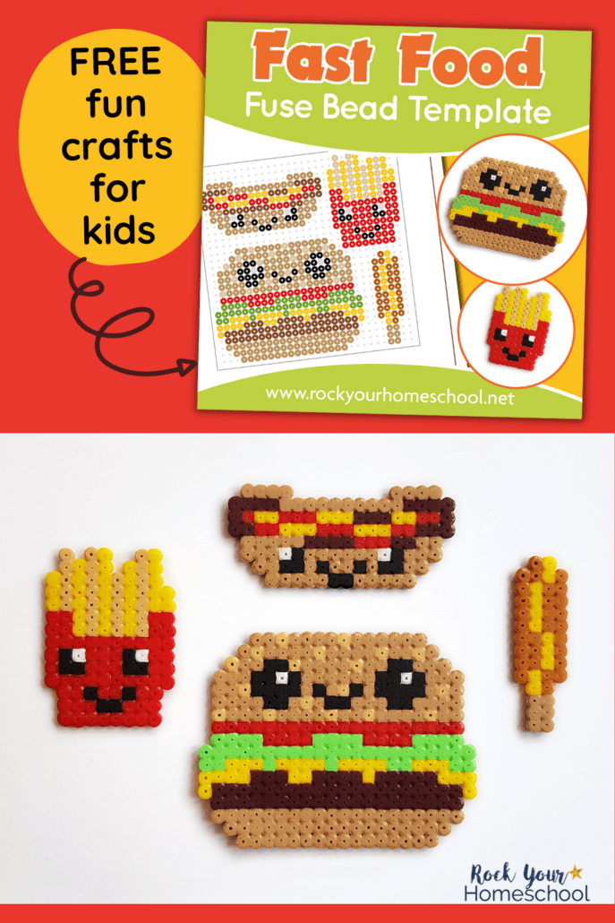 mock-up of fast food perler bead  bead template with 4 examples of perler beads crafts of hot dog, fries, burger, and corn dog