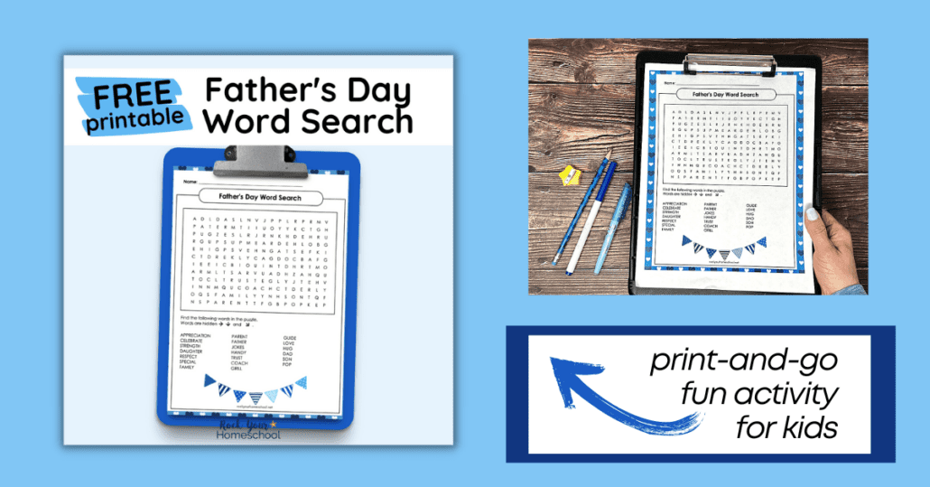 woman holding black clipboard with free printable Father's Day word search