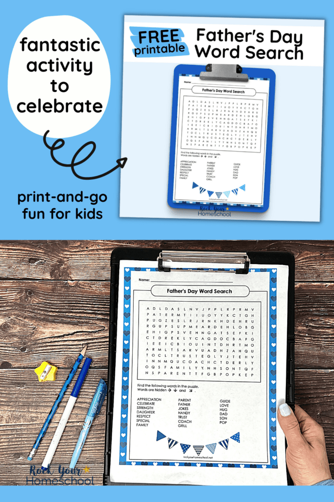 woman holding free printable Father's Day word search activity on black clipboard