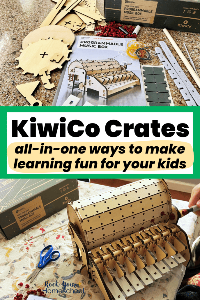 Materials from Eureka Crate and completed Programmable Music Box feature as part of this KiwiCo Review.