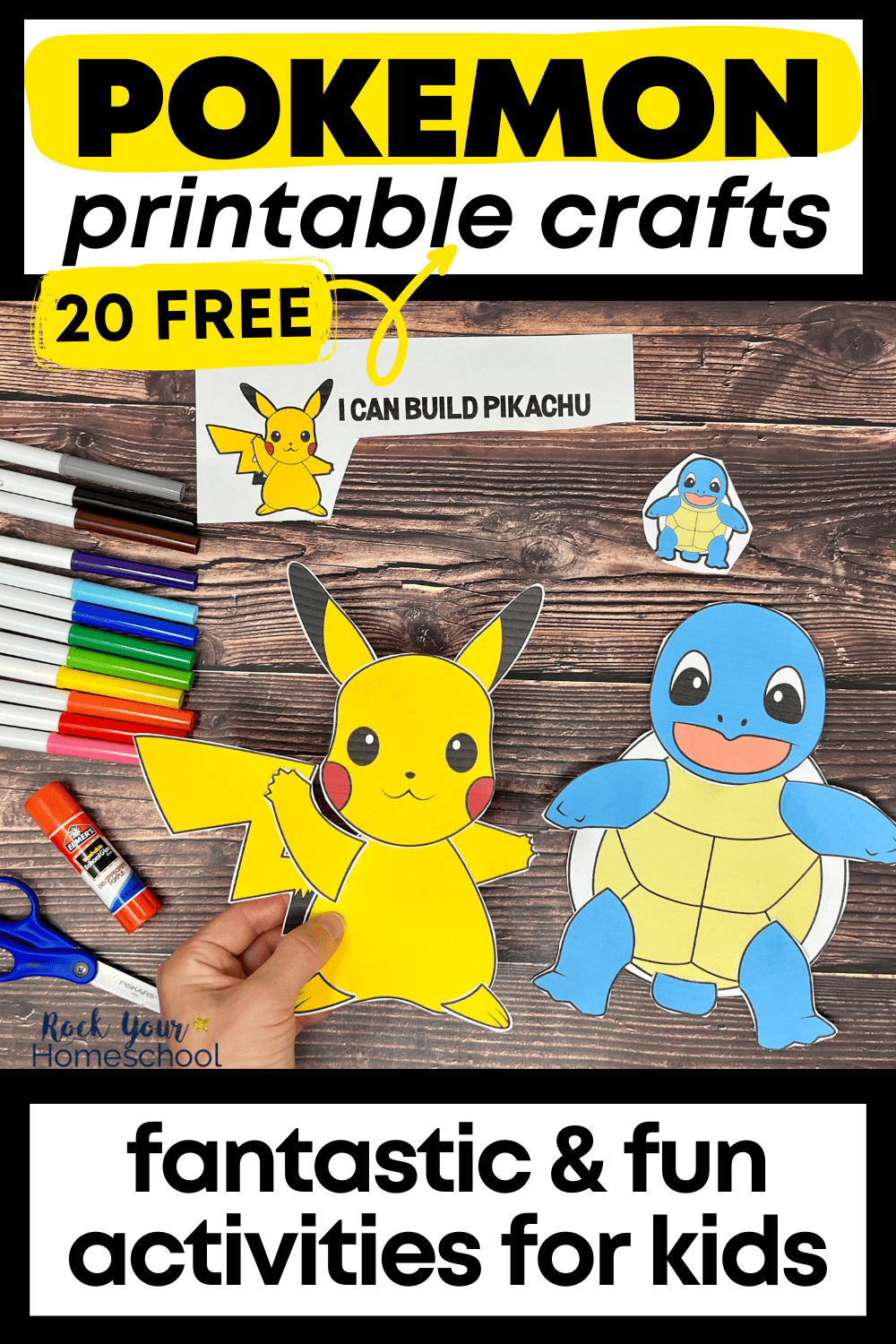 woman holding Pickachu printable craft and Squirtle craft to feature this free printable set of Pokemon crafts