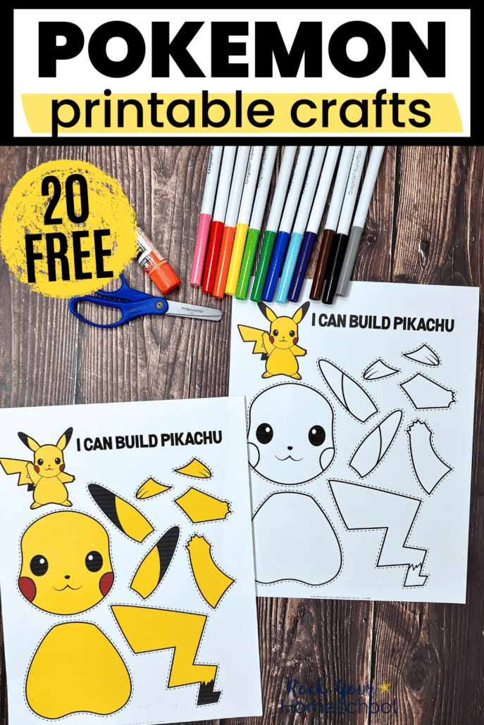 examples of Pokemon crafts (color and black-and-white) with rainbow of markers, scissors, and glue stick