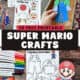 Hand holding an assembled paper puppet of Luigi with movable arms and legs, alongside printable coloring pages for building paper versions of Mario, Princess Peach, and Toad.