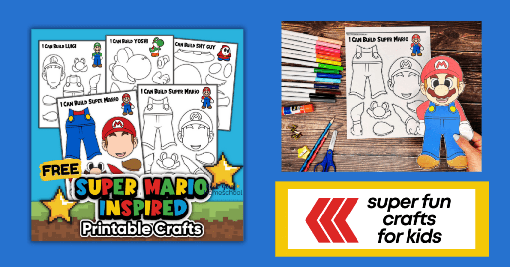 mock-up of Super Mario-Inspired printable crafts and woman holding example of Super Mario paper craft.