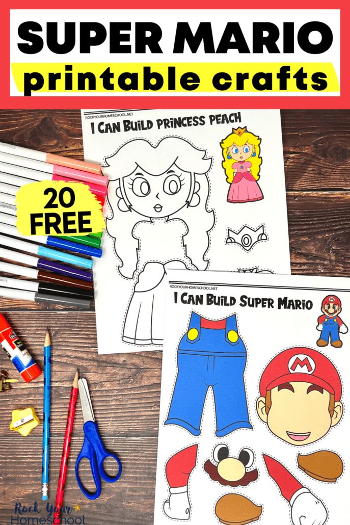examples of free printable Super Mario crafts featuring Princess Peach and Super Mario with scissors, pencils, yellow star-shaped pencil sharpener, glue stick, and markers.