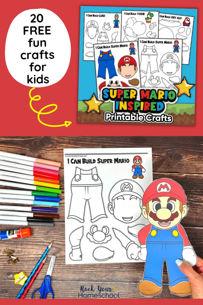 mock-up of Super Mario-Inspired printable crafts and woman holding example of paper Super Mario craft with markers, glue stick, brads, pencils, and scissors.