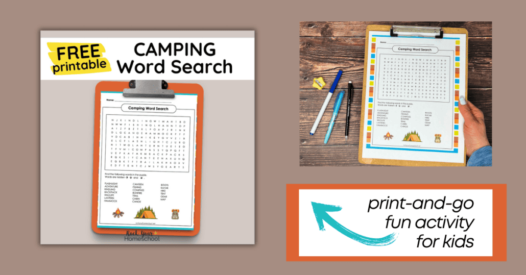camping word search mock-up and woman holding an example on clipboard