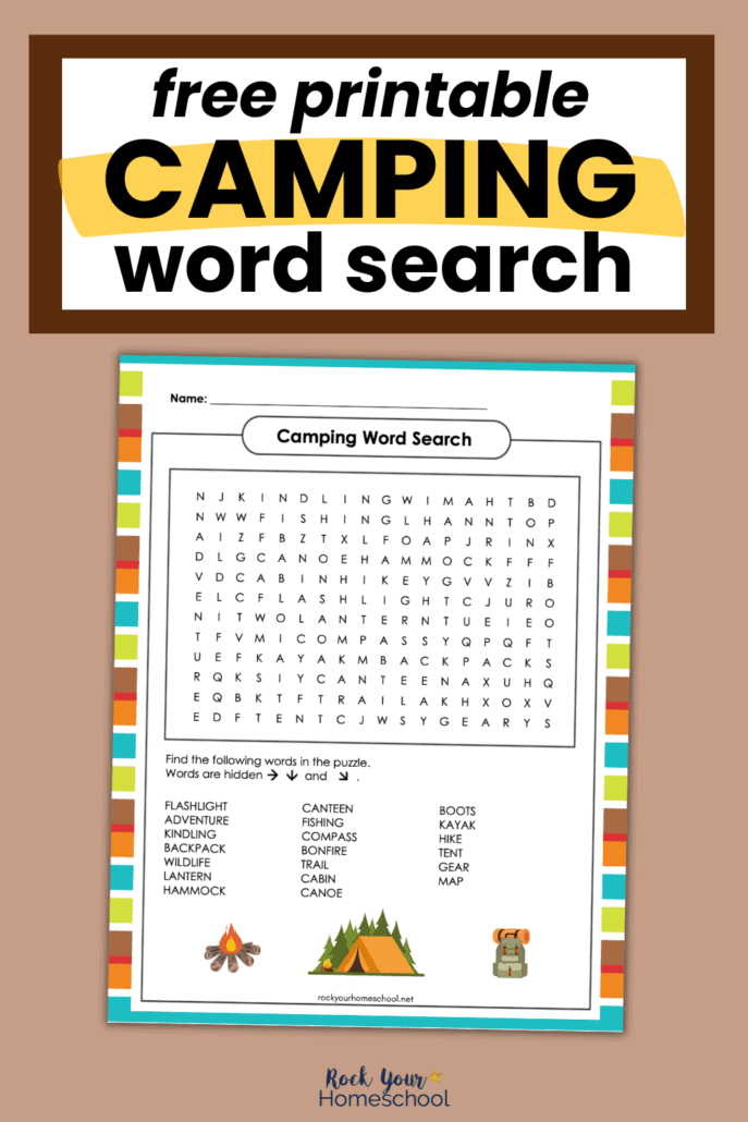 mock-up of free printable camping word search 