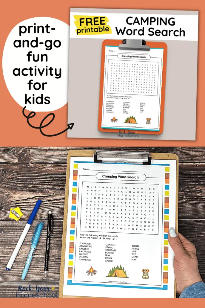 mock-up of free printable camping word search activity and woman holding an example on clipboard