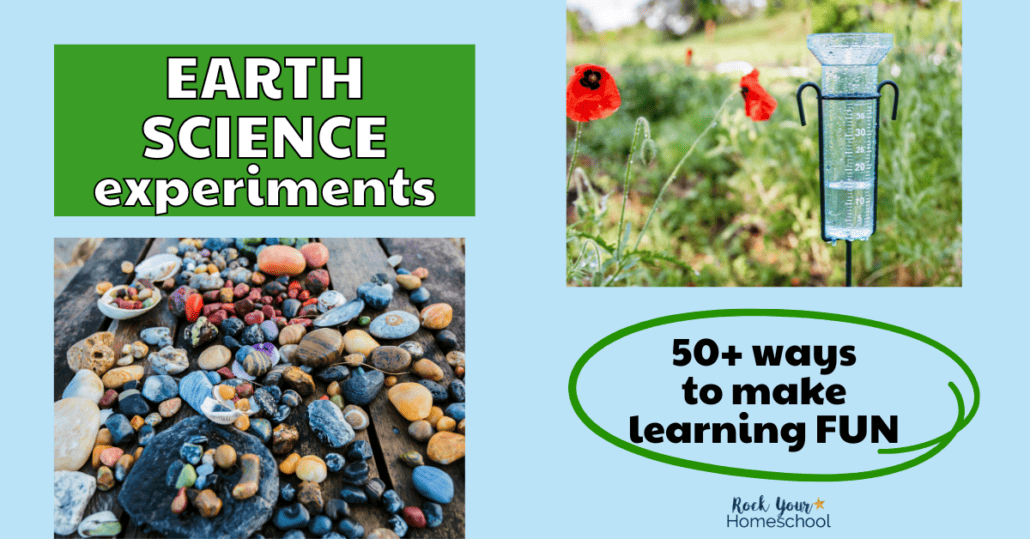 collection of colorful rocks and rain gauge in garden with poppies.