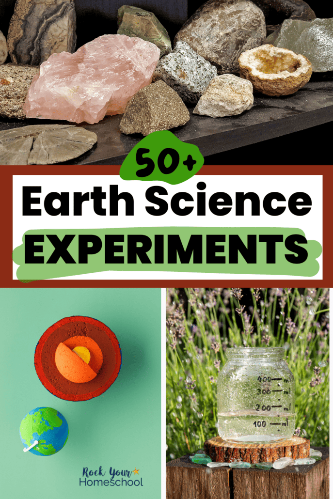 Rock collection and geodes, foam models of Earth and its core, and homemade rain gauge using jar with colorful stones around it in lavender garden.