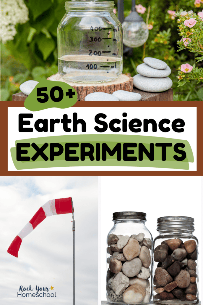 homemade rain gauge using a jar with collection of rocks in a garden, red and white windsock, and smooth rocks in 2 jars.