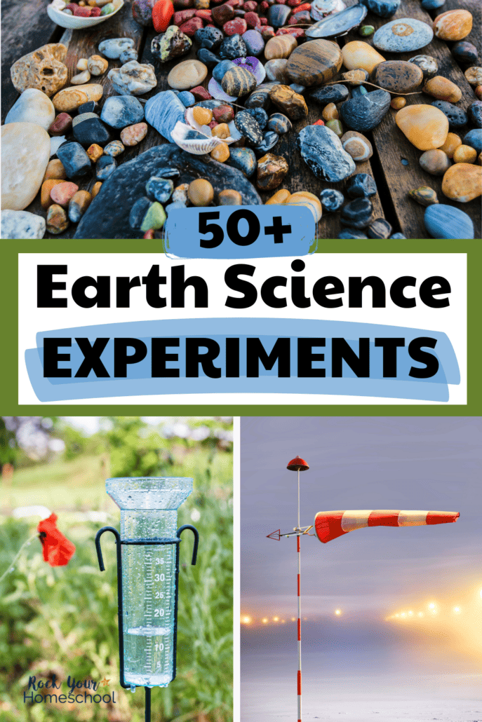 collection of colorful rocks and shells, rain gauge in garden, and red and white windsock as examples of these 50+ earth science experiments.