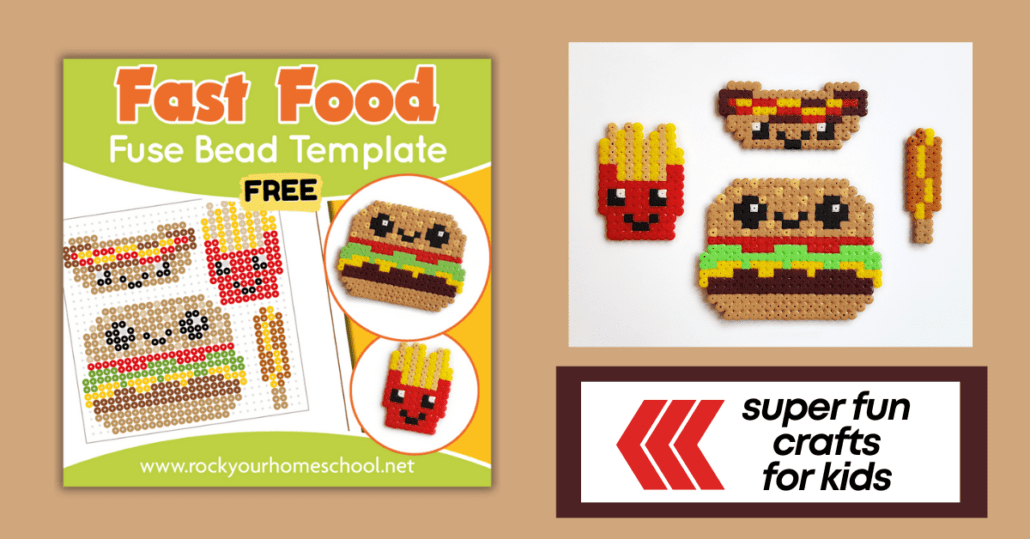 mock-up of fast food fuse bead template page and 4 examples of perler bead crafts of fries, hot dog,  burger, and corn dog