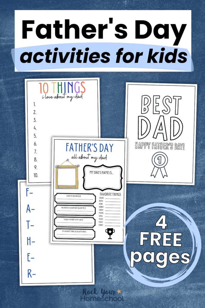4 mock-ups of free Father's Day pritnables on blue chalkboard background