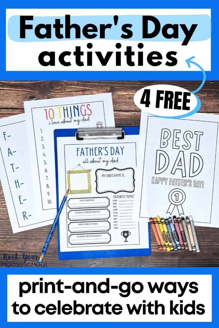 4 free Father's Day printables with blue pencil and rainbow of crayons