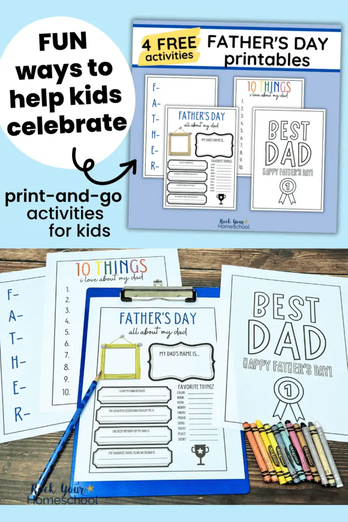 mock-up of 4 free Father's Day printables and examples with blue pencil and rainbow of crayons