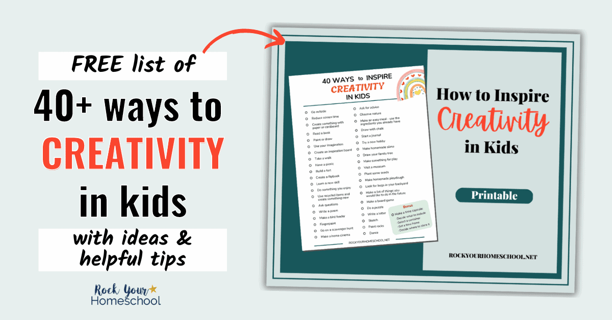 mock-up of free printable checklist of 40+ ways to inspire creativity in kids.