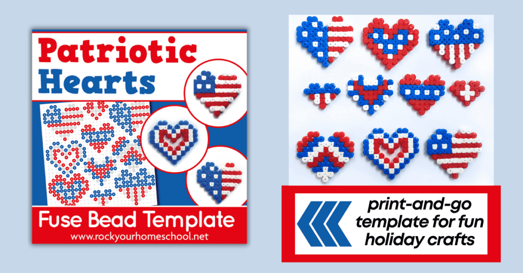 mock-up of patriotic heart perler bead patterns and 10 examples of red, white, and blue hearts.