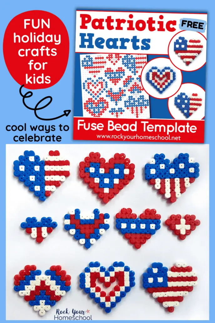 mock-up of patriotic heart perler bead patterns and 10 examples of red, white, and blue perler bead hearts.