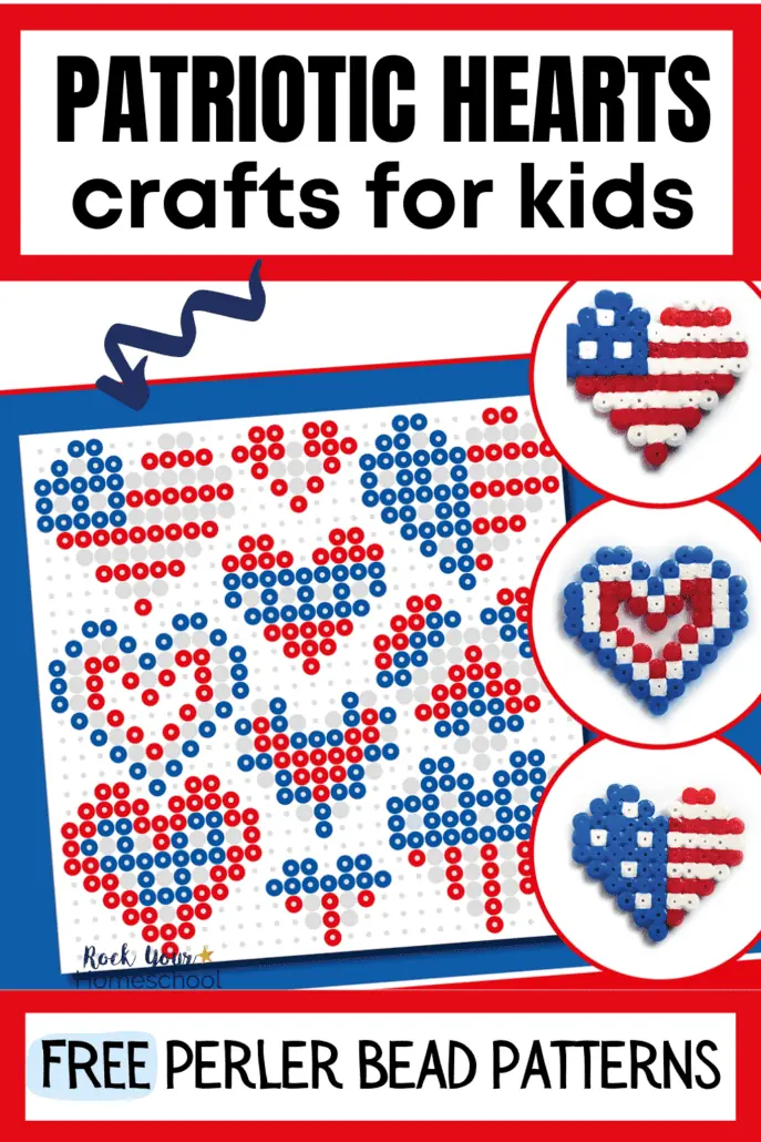 mock-up of patriotic heart perler bead template and 3 examples of red, white, and blue perler bead hearts.