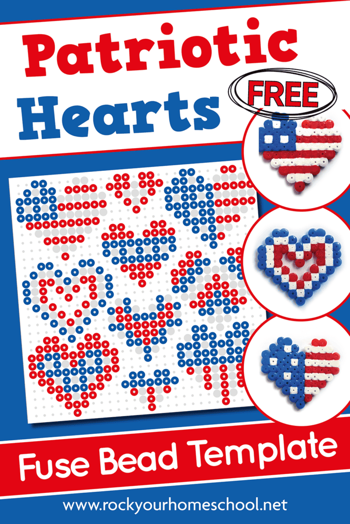 mock-up of patriotic heart perler bead pattern page and 3 examples of red, white, and blue perler bead hearts.