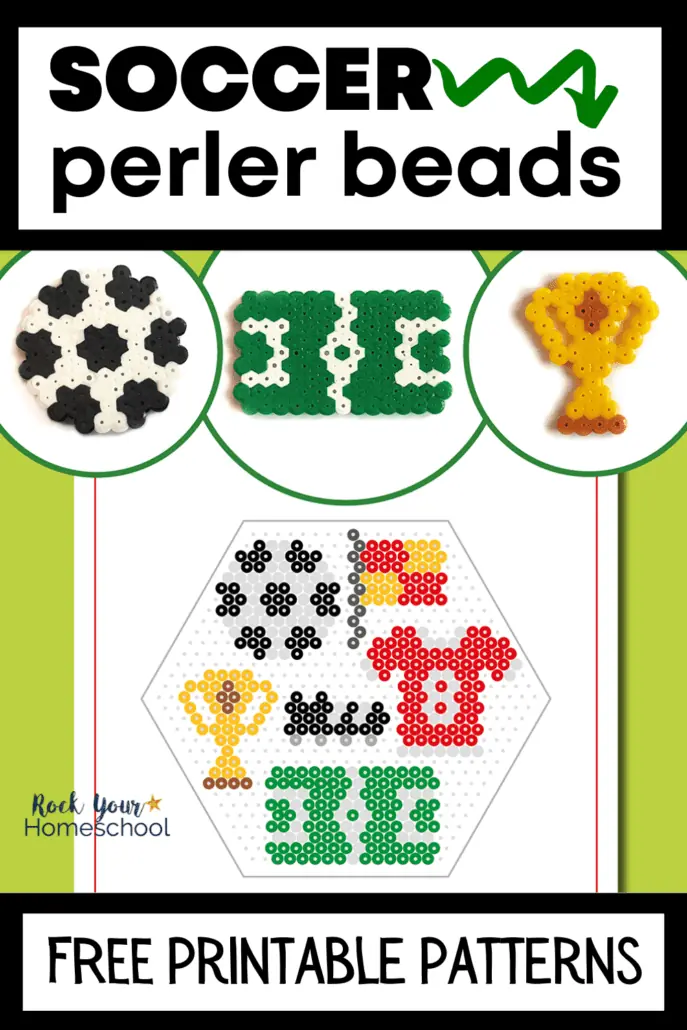 soccer perler beads patterns featuring soccer ball, soccer field, and trophy