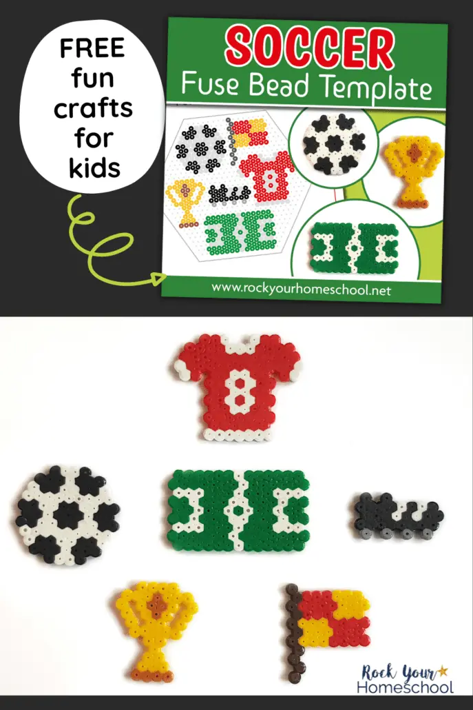 6 examples of free printable soccer perler beads patterns featuring soccer ball, soccer field, soccer cleat, trophy, flag, and soccer jersey