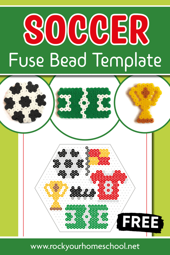 examples of free printable patterns of soccer perler beads crafts featuring soccer ball, soccer field, and trophy