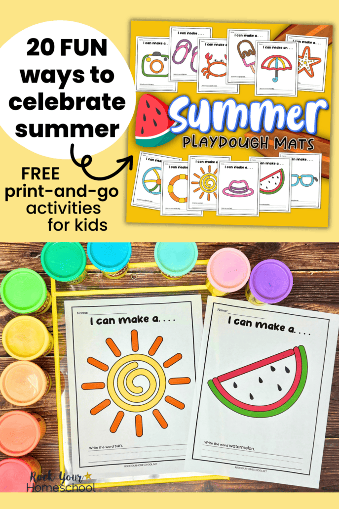 mock-up of summer playdough mats and 2 examples featuring sun and watermelon with playdough cans
