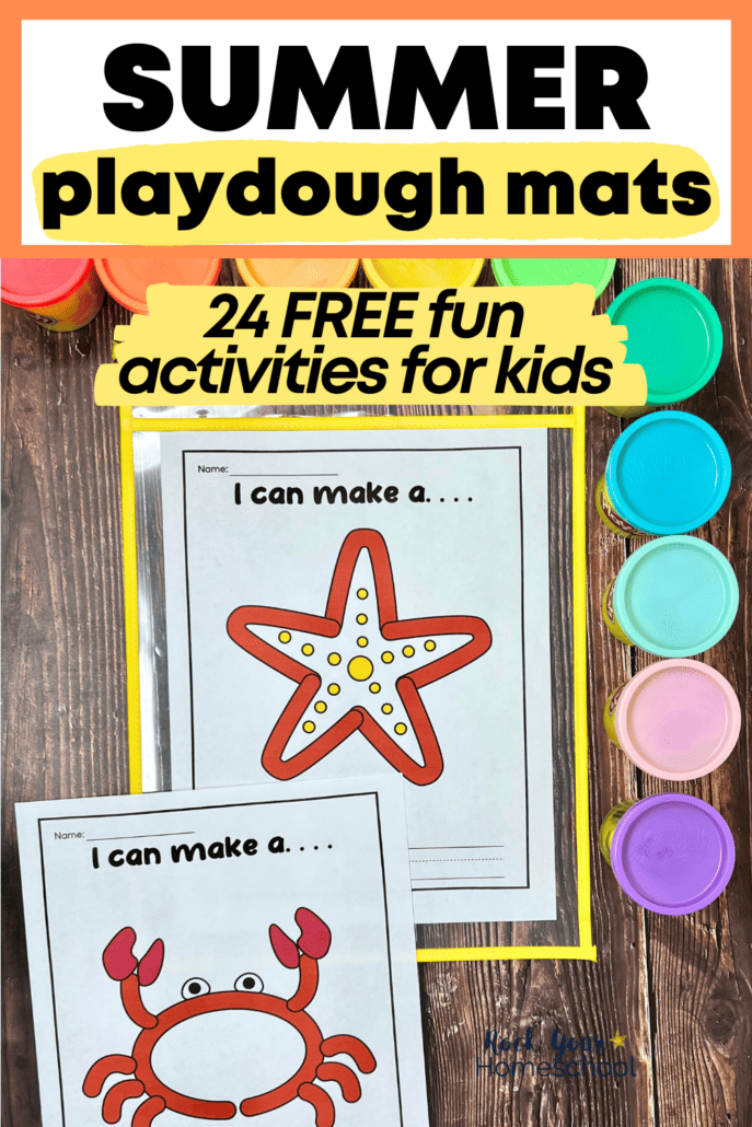 2 examples of free printable summer playdough mats featuring star fish and crab with playdough cans