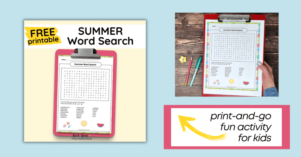 free printable summer word search mock-up and woman holding an example on red clipboard