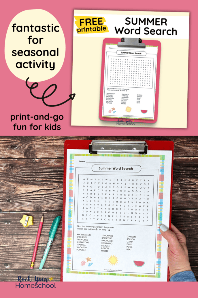 mock-up of free printable summer word search and woman holding an example on red clipboard 