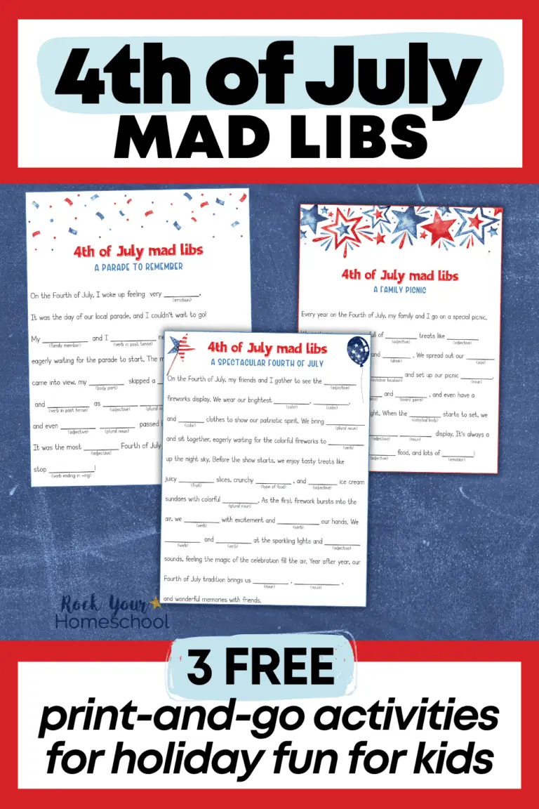 3 examples of 4th of July Mad Libs on blue chalkboard background.