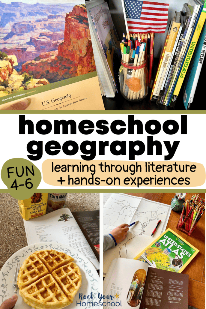 Woman holding teacher's guide for U.S. geography homeschool curriculum with other resources from pack in background for grades 4-6 from Beautiful Feet Books and homemade cheddar cheese corn waffles and boy working on map with color pencils and atlas.