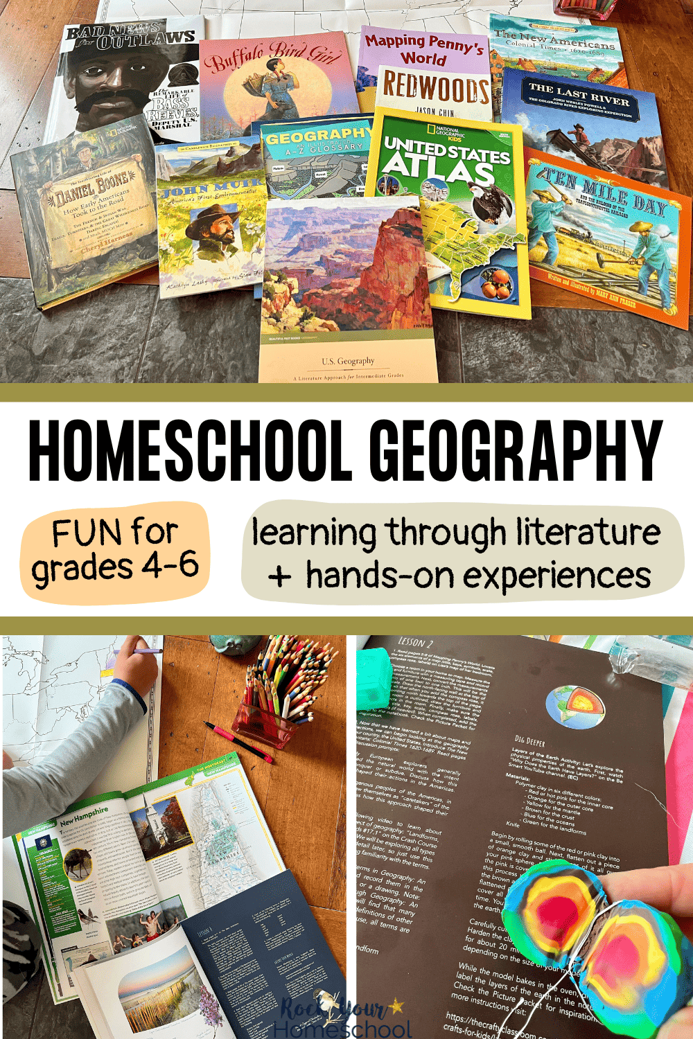 Display of resources from U.S. geography homeschool curriculum for grades 4-6 from Beautiful Feet Books and boy using color pencil on map with atlas, and child holding clay model of layers of the Earth.